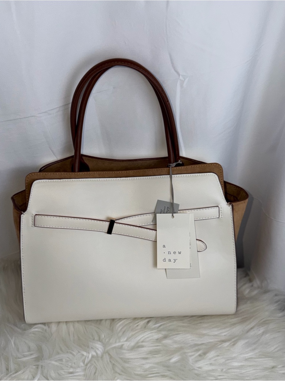 A New Day Satchel Handbag White Tan Brown Top Handle Crossbody NWT
